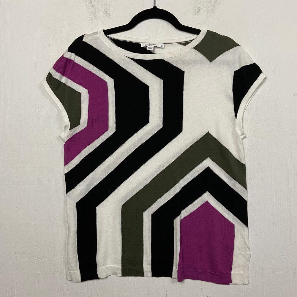 Chico’s Women's Black Purple Geometric Cotton Knit Pullover Top Size Medium